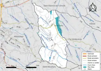 Carte en couleur présentant le réseau hydrographique de la commune
