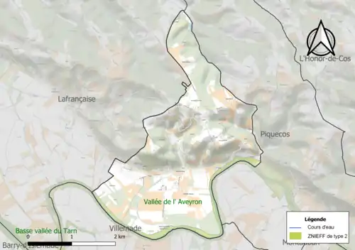 Carte de la ZNIEFF de type 2 sur la commune.