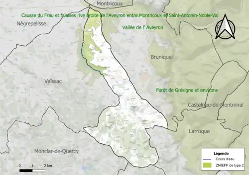 Carte des ZNIEFF de type 2 sur la commune.