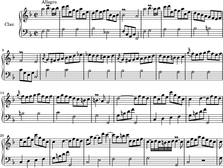 \version "2.18.2"
\header {
tagline = ##f
}
%% les petites notes
trillBesp = { \tag #'print { bes4.\prall } \tag #'midi { c32 bes c bes~ bes4 } }
graceBesb = { \tag #'print { bes2\prall } \tag #'midi { c32 bes c bes~ bes8~ bes4 } }
graceFb = { \tag #'print { f2\prall } \tag #'midi { g32 f g f~ f8~ f4 } }
trillBp = { \tag #'print { b4.\prall } \tag #'midi { c32 b c b~ b4 } }
trillDp = { \tag #'print { d4.\prall } \tag #'midi { e32 d e d~ d4 } }
upper = \relative c'' {
\clef treble
\key f \major
\time 2/2
\tempo 2 = 52
\set Staff.midiInstrument = #"harpsichord"
\override TupletBracket.bracket-visibility = ##f
s8*0^\markup{Allegro}
a'2 \trillBesp a16 bes | c8 d e, g f a c, e | d f e f g bes, a bes | \graceBesb a2 |
% ms. 5
a'2 \trillBesp a16 bes | c8 d e, g f a c, e | d c bes a g f e f | \graceFb e2|
% ms. 9
\acciaccatura a8 g8 fis g a bes c d ees | ees d d cis cis4 d | \acciaccatura a8 g8 fis g a a bes c d | d c c b b4 c |
% ms. 13
\repeat unfold 2 { \appoggiatura g'16 f8 e f g a f e f } | e g f e d c b c | \trillBp a8 g2 |
% ms. 17
d'2~ \repeat unfold 2 { d8 f e d | e c g' e c' g e c | c4 d~ }
% ms. 21 suite
d8 f e d | e a g4~ g8 d' c4~ | c8 a b c d, d e f | c4~ c16 d c32 b c d \trillDp c8 |
% ms. 25
c8 f e a g e d c | c8
}
lower = \relative c' {
\clef bass
\key f \major
\time 2/2
\set Staff.midiInstrument = #"harpsichord"
\override TupletBracket.bracket-visibility = ##f
% **************************************
f,2 g | a a | bes ees, | f8 c a c f,2 |
% ms. 5
f'2 g | a a | bes b | c8 g e g c,2 |
% ms. 9
c'2 c | bes bes | bes bes | a a |
% ms. 13
a2 a | b b | c f, | g g, |
% ms. 17
\repeat unfold 2 { g'8 b d f g,,2 | c4 d e f } | g8 b d f g,,2 |
% ms. 22
c2 e | f f | g g, |
% ms. 25
c2 r2 | g'8
}
thePianoStaff = \new PianoStaff <<
\set PianoStaff.instrumentName = #"Clav."
\new Staff = "upper" \upper
\new Staff = "lower" \lower
>>
\score {
\keepWithTag #'print \thePianoStaff
\layout {
#(layout-set-staff-size 17)
\context {
\Score
\override SpacingSpanner.common-shortest-duration = #(ly:make-moment 1/2)
\remove "Metronome_mark_engraver"
}
}
}
\score {
\keepWithTag #'midi \thePianoStaff
\midi { }
}