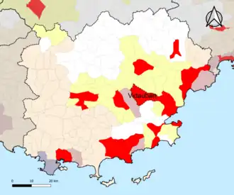 Localisation de l'aire d'attraction de Vidauban dans le département du Var.