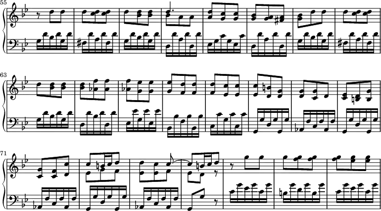 \version "2.18.2"
\header {
tagline = ##f
% composer = "Domenico Scarlatti"
% opus = "K. 461"
% meter = "Allegro"
}
%% les petites notes
%trillBesp = { \tag #'print { bes4.\prall } \tag #'midi { c32 bes c bes~ bes4 } }
upper = \relative c'' {
\clef treble
\key bes \major
\time 3/8
\tempo 4. = 82
\set Staff.midiInstrument = #"harpsichord"
\override TupletBracket.bracket-visibility = ##f
\set Score.currentBarNumber = #55
\omit Staff.TimeSignature % cache la mesure
\bar ":|."
% s8*0^\markup{Allegro}
r8 d8 d | d < c d > q | d < bes d > q | << { d4. } \\ { bes8 a a } >> | < a d >8 < g c > q |
% ms. 60
< g bes >8 < g a > \tempo 4. = 72 < fis a > | < g bes > \tempo 4. = 82 d'8 d | d < c d > q | d < bes d > q | q < aes f' >8 q |
% ms. 65
q < g ees' >8 q | q < f d' > q | q < ees c' > q | q < d b' > < d g > | q < c g' > d |
% ms. 70
< c ees >8 < b d > < b g' > | < c g' > < c f > < d c' > | << { c'8 b16 c d8 | s4 c8~ | c b16 c d8 } \\ { ees,8 g f | < ees d' >8 < ees c' > f8 | \tempo 4. = 60 ees d \tempo 4. = 72 r8 } >> | r8 \tempo 4. = 82 g'8 g |
% ms. 76
g8 < f g > q | q < ees g > q |
}
lower = \relative c' {
\clef bass
\key bes \major
\time 3/8
\set Staff.midiInstrument = #"harpsichord"
\override TupletBracket.bracket-visibility = ##f
\omit Staff.TimeSignature
% ************************************** \appoggiatura a16 \repeat unfold 2 { } \times 2/3 { } \omit TupletNumber
g16 d' bes d g, d' | fis, d' a d fis, d' | g,16 d' bes d g, d' | d, d' a d d, d' | ees, g c g ees c' |
% ms. 60
d,16 d' a d d, d' | g,16 d' bes d g, d' | fis, d' a d fis, d' | g,16 d' bes d g, d' | d, d' bes d d, d' |
% ms. 65
ees,16 ees' g, ees' ees, ees' | bes, bes' f bes bes, bes' | c, c' g c c, c' | \repeat unfold 3 { g, g' d g g, g' | aes, f' c f aes, f' } |
% ms. 74
g,8 g' r8 | c16 g' ees g c, g' |
% ms. 76
b,16 g' d g b, g' | c,16 g' ees g c, g' |
}
thePianoStaff = \new PianoStaff <<
\set PianoStaff.instrumentName = #""
\new Staff = "upper" \upper
\new Staff = "lower" \lower
>>
\score {
\keepWithTag #'print \thePianoStaff
\layout {
indent = #0
#(layout-set-staff-size 17)
\context {
\Score
\override SpacingSpanner.common-shortest-duration = #(ly:make-moment 1/2)
\remove "Metronome_mark_engraver"
}
}
}
\score {
\keepWithTag #'midi \thePianoStaff
\midi { }
}