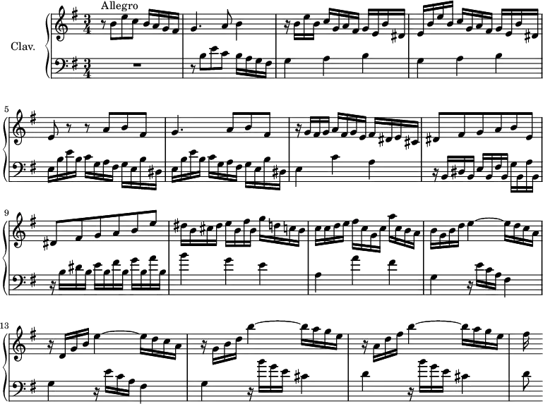 
\version "2.18.2"
\header {
  tagline = ##f
  % composer = "Domenico Scarlatti"
  % opus = "K. 198"
  % meter = "Allegro"
}

%% les petites notes
%trillBesp     = { \tag #'print { bes4.\prall } \tag #'midi { c32 bes c bes~ bes4 } }

upper = \relative c'' {
  \clef treble 
  \key e \minor
  \time 3/4
  \tempo 4 = 92
  \set Staff.midiInstrument = #"harpsichord"
  \override TupletBracket.bracket-visibility = ##f

      s8*0^\markup{Allegro}
      r8 b8 e c b16 a g fis | g4. a8 b4 | r16 b e b c g a fis g e b' dis, |
      % ms. 4
      e16 b' e b c g a fis g e b' dis, | e8 r8 r8 a8 b fis | g4. a8 b fis |
      % ms. 7
      r16 g16 fis g a fis g e fis dis e cis | dis8 fis g a b e, | dis fis g a b e |
      % ms. 10
      dis16 b cis dis e b fis' b, g' d c b | c c d e fis c g c a' c, b a | b g b d e4~ e16 d c a |
      % ms. 13
      r16 d,16 g b e4~ e16 d c a | r16 g16 b d b'4~ b16 a g e | r16 a,16 d fis b4~ b16 a g e | fis s16
      % ms. 17
      

}

lower = \relative c' {
  \clef bass
  \key e \minor
  \time 3/4
  \set Staff.midiInstrument = #"harpsichord"
  \override TupletBracket.bracket-visibility = ##f

    % ************************************** \appoggiatura a16  \repeat unfold 2 {  } \times 2/3 { }   \omit TupletNumber 
      R2. | r8 b8 e c b16 a g fis | \repeat unfold 2 { g4 a b } |
      % ms. 5
      \repeat unfold 2 { e,16 b' e b c g a fis g e b' dis, }
      % ms. 7
      e4 c' a | r16 b,16 dis b e b fis' b, g' b, a' b, | r16 b'16 dis b e b fis' b, g' b, a' b,
      % ms. 10
      b'4 g e | a, a' fis | \repeat unfold 2 { g, r16 e'16 c a fis4 } |
      % ms. 14
      g4 r16 b'16 g e cis4 | d r16 b'16 g e cis4 | d8
      % ms. 17
      

}

thePianoStaff = \new PianoStaff <<
    \set PianoStaff.instrumentName = #"Clav."
    \new Staff = "upper" \upper
    \new Staff = "lower" \lower
  >>

\score {
  \keepWithTag #'print \thePianoStaff
  \layout {
      #(layout-set-staff-size 17)
    \context {
      \Score
     \override SpacingSpanner.common-shortest-duration = #(ly:make-moment 1/2)
      \remove "Metronome_mark_engraver"
    }
  }
}

\score {
  \keepWithTag #'midi \thePianoStaff
  \midi { }
}
