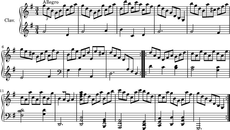\version "2.18.2"
\header {
tagline = ##f
}
%% les petites notes
trillA = { \tag #'print { a8\prall } \tag #'midi { b32 a b a } }
upper = \relative c'' {
\clef treble
\key g \major
\time 3/4
\tempo 4 = 120
\set Staff.midiInstrument = #"harpsichord"
s8*0^\markup{Allegro}
\repeat volta 2 {
\repeat unfold 2 { \times 2/3 { g'8 d b } \omit TupletNumber \times 2/3 { g8 b g' } \times 2/3 { c,8 fis a } } | \times 2/3 { d,8 d' b } \times 2/3 { e,8 c' a } \times 2/3 { c,8 a' fis } \times 2/3 { g d b } \times 2/3 { g d b } \tempo 4 = 80 g4 |
% ms. 5
\tempo 4 = 120
\times 2/3 { b''8 g d } \times 2/3 { b8 a' cis, } \times 2/3 { d8 fis a } | \times 2/3 { g8 e cis } \times 2/3 { g8 cis e } \times 2/3 { a,8 fis' d } | \times 2/3 { b8 g' e } \times 2/3 { fis,8 a d } \times 2/3 { e, e' cis } \times 2/3 { d a fis } \times 2/3 { d \stemUp \change Staff = "lower" a fis } \tempo 4 = 80 d4 \tempo 4 = 120
}%reprise
\stemNeutral \change Staff = "upper"
\repeat volta 2 {
% ms. 9
\tempo 4 = 120
\times 2/3 { d''8 a fis } \times 2/3 { d fis a } \times 2/3 { g b d } | \repeat unfold 3 { \times 2/3 { c a e' } } | \repeat unfold 2 { \times 2/3 { c a a' } } \times 2/3 { c, b g' } | b,4 \trillA g8 \tempo 4 = 80 a4 |
% ms. 13
\tempo 4 = 120
\times 2/3 { < a d fis a >8 fis' d } \times 2/3 { a8 fis' a } \times 2/3 { b,8 g' b } | \times 2/3 { c8 a fis } \times 2/3 { c8 a' c } \times 2/3 { b g d } | \times 2/3 { e8 c a' } \times 2/3 { g b, g } \times 2/3 { a a' fis } | \times 2/3 { g d b } \times 2/3 { g d b } \tempo 4 = 72 g4
}%reprise
}
lower = \relative c'' {
\clef bass
\key g \major
\time 3/4
\set Staff.midiInstrument = #"harpsichord"
% **************************************
\repeat volta 2 {
\clef treble g2 d4 | g2 a4 | b c, d | g2. | g2 fis4 | e2 fis4 | \clef bass g, a a, | d2.
}%reprise
\repeat volta 2 {
% ms. 9
d'4 c < b d > | < a c >2 < g c >4 | <fis c' d >2 < g d' >4 | d,2. | < d a' d >2 < b g' b >4 < a fis' a >2 < g d' g >4 | < c g' c > < d d' > < d a' d > g,2.
}%reprise
}
thePianoStaff = \new PianoStaff <<
\set PianoStaff.instrumentName = #"Clav."
\new Staff = "upper" \upper
\new Staff = "lower" \lower
>>
\score {
\keepWithTag #'print \thePianoStaff
\layout {
#(layout-set-staff-size 17)
\context {
\Score
\override SpacingSpanner.common-shortest-duration = #(ly:make-moment 1/2)
\remove "Metronome_mark_engraver"
}
}
}
\score {
\unfoldRepeats
\keepWithTag #'midi \thePianoStaff
\midi { }
}