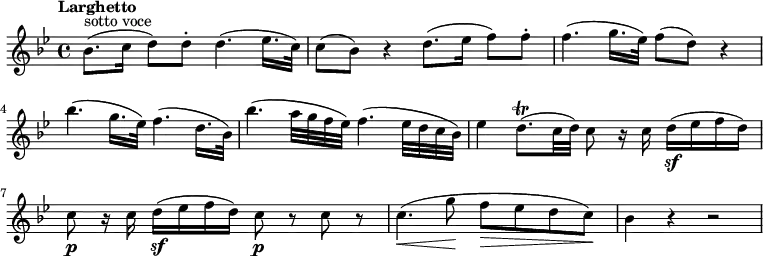 \relative c'' {
\version "2.18.2"
\key bes \major
\tempo "Larghetto"
\time 4/4
\tempo 4 = 55
bes8. ^\markup {sotto voce} (c16 d8) d-. d4. (ees16. c32)
c8 (bes) r4 d8. (ees16 f8) f-.
f4. (g16. ees32) f8 (d) r4
bes'4. (g16. ees32) f4. (d16. bes32)
bes'4. (a32 g f ees) f4. (ees32 d c bes)
ees4 d8. \trill (c32 d) c8 r16 c d \sf (ees f d)
c8\p r16 c d \sf (ees f d) c8 \p r c r
c4. \< (g'8 \! f \> ees d c \!)
bes 4 r r2
}