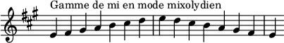  {
\override Score.TimeSignature #'stencil = ##f
\relative c' {
  \key e \mixolydian
  \clef treble \time 7/4
  e4^\markup { Gamme de mi en mode mixolydien } fis gis a b cis d e d cis b a gis fis e
} }
