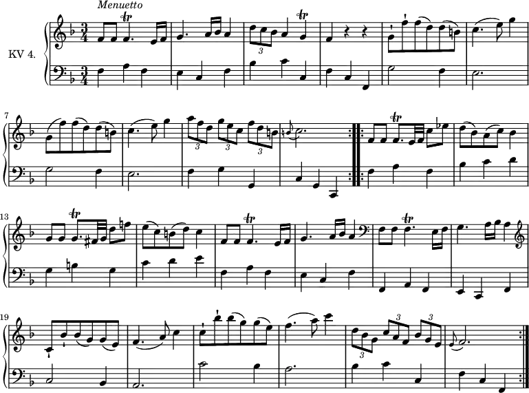\version "2.14.2"
\header {
tagline = ##f
}
upper = \relative c'' {
\clef treble
\key f \major
\time 3/4
\tempo 4 = 110
\tempo "Menuetto"
\set Staff.midiInstrument = #"dulcimer"
\repeat volta 2 {
f,8^\markup \italic { Menuetto} f f4.\trill e16 f | g4. a16 bes a4
| \tuplet 3/2 {d8 c8 bes } a4 g\trill | f r4 r4
| g8-! f'-! f (d) d (b) | c4. (e8) g4
| g,8 (f') f (d) d (b) | c4. (e8) g4
| \tuplet 3/2 {a8 f d } \tuplet 3/2 {g8 e c} \tuplet 3/2 {f8 d b}
|\grace b8 (c2.)
}
\repeat volta 2 \relative c' {
f8 f f8.\trill e32 f c'8 ees | d8 (bes) a ( c ) bes4
| g8 g g8.\trill fis32 g d'8 f! | e8 (c) b (d) c4
| f,8 f f4.\trill e16 f |g4. a16 bes a4 \clef bass
| f,8 f f4.\trill e16 f |
| g4. a16 bes a4 \clef treble
| c8-! bes'-! bes (g) g (e)
| f4. (a8) c4 | c8-! bes'-! bes (g) g (e) |
f4. (a8) c4 | \tuplet 3/2 {d,8 bes g } \tuplet 3/2 {c8 a f} \tuplet 3/2 {bes8 g e}
|\grace e8 (f2.)
}
}
lower = \relative c {
\clef bass
\key f \major
\time 3/4
\set Staff.midiInstrument = #"harpsichord"
\repeat volta 2 {
f4 a f | e c f | bes4 c c, | f4 c f, | g'2 f4| e2. | g2 f4 | e2. | f4 g g, | c4 g c,
}
\repeat volta 2 \relative c {
f4 a f | bes c d | g, b g | c d e| f, a f | e c f
| f, a f | e c f | c'2 bes4 | a2. | c'2 bes4 | a2.| bes4 c c,
| f c f,
}
}
\score {
\new PianoStaff <<
\set PianoStaff.instrumentName = #"KV 4."
\new Staff = "upper" \upper
\new Staff = "lower" \lower
>>
\layout {
\context {
\Score
\remove "Metronome_mark_engraver"
}
}
\midi { }
}