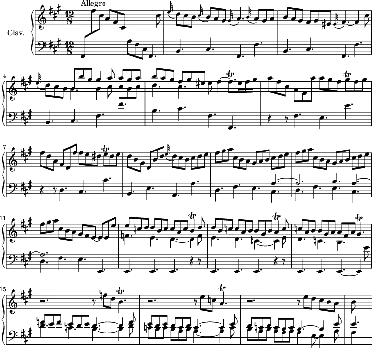 \version "2.18.2"
\header {
tagline = ##f
% composer = "Domenico Scarlatti"
% opus = "K. 142"
% meter = "Allegro"
}
%% les petites notes
trillGisq = { \tag #'print { gis8\trill } \tag #'midi { \times 2/3 { gis16 a gis } } }
trillFisqp = { \tag #'print { fis8.\trill } \tag #'midi { \times 2/3 { fis16 gis fis~ } fis16 } }
trillEq = { \tag #'print { e8\trill } \tag #'midi { \times 2/3 { e16 fis e } } }
trillB = { \tag #'print { b4\trill } \tag #'midi { \times 2/3 { c16 b c } b8 } }
trillA = { \tag #'print { a4\trill } \tag #'midi { \times 2/3 { b16 a b } a8 } }
trillGispUp = { \tag #'print { gis'4.\trill } \tag #'midi { \times 2/3 { a16 gis a } gis4 } }
trillAp = { \tag #'print { a4.\trill } \tag #'midi { \times 2/3 { b16 a b } a4 } }
trillBp = { \tag #'print { b4.\trill } \tag #'midi { \times 2/3 { c16 b c } b4 } }
%
upper = \relative c'' {
\clef treble
\key fis \minor
\time 12/8
\tempo 4. = 112
\set Staff.midiInstrument = #"harpsichord"
\override TupletBracket.bracket-visibility = ##f
s8*0^\markup{Allegro}
s4. a8 fis cis s4. s4 cis'8 | \appoggiatura e32 d8 cis b \appoggiatura cis32 b8 a gis \appoggiatura gis32 a4. \appoggiatura b32 a8 gis a |
% ms. 3
b8 a gis fis gis eis \appoggiatura eis32 fis4.~ fis4 cis'8 |\appoggiatura e32 d8 cis b << { b8 b' gis | gis4 a8 a gis a | b a gis fis gis eis } \\ { \mergeDifferentlyDottedOn b4. b4 cis8 cis b cis | d4. cis } >> eis8 fis4~ \trillFisqp eis16 fis gis |
% ms. 6
a8 fis cis a fis a' a gis fis \trillGisq fis8 gis | fis d a fis d fis' fis e dis \trillEq dis8 e | d b gis d b' d \appoggiatura e32 d8 cis b cis d e |
% ms. 9
\repeat unfold 2 { fis8 gis a cis, b a gis a b cis d e } | fis8 gis a cis, b a gis fis e~ e e e' |
% ms. 12
<< { e8 c d d b c c a c \trillB d8 | d b c c a b b gis b \trillA c8 | c a b b gis a a fis a }
\\ { f4. e d~ d4 f8 | e4. d c~ c4 e8 | d4. c b } >> \trillGispUp
% ms. 15
r2. r8 f'8 d \trillBp | r2. r8 e8 c \trillAp | r2. r8 e'8 d cis b a |
% ms. 18
b8 s4
% ms. 21
}
lower = \relative c' {
\clef bass
\key fis \minor
\time 12/8
\set Staff.midiInstrument = #"harpsichord"
\override TupletBracket.bracket-visibility = ##f
% **************************************
fis,,8 \stemDown \change Staff = "upper" fis''' cis s4. \stemNeutral \change Staff = "lower" a,8 fis cis fis,4. |
% ms. 2
\repeat unfold 2 { b4. cis fis, fis' } | b, cis fis fis' | b, cis fis, fis, |
% ms. 6
r4 r8 fis'4. e e' | r4 r8 d,4. cis cis' | b, e a, a' |
% ms. 9
d,4. fis e << { a4.~ | a2. b4. a4.~ | a2. } \\ { cis,4. | d fis e cis | d fis4. } >> e e, |
% ms. 12
\repeat unfold 2 { e4. e e r4 r8 } | e4. e e~ e4 e''8
% ms. 15
<< { f8 e f e d e d4.~ d4 f8 | e d e d c d c4.~ c4 e8 | d c d c b c b4.~ b4 e8 }
\\ { d4. c b4.~ b4 d8 | c b c b a b a4.~ a4 c8 | b a b a gis a gis4 e8~ e4 a8 } >>
% ms. 18
<< { e'4.~ } \\ { gis,4 } >>
% ms. 21
}
thePianoStaff = \new PianoStaff <<
\set PianoStaff.instrumentName = #"Clav."
\new Staff = "upper" \upper
\new Staff = "lower" \lower
>>
\score {
\keepWithTag #'print \thePianoStaff
\layout {
#(layout-set-staff-size 17)
\context {
\Score
\override SpacingSpanner.common-shortest-duration = #(ly:make-moment 1/2)
\remove "Metronome_mark_engraver"
}
}
}
\score {
\keepWithTag #'midi \thePianoStaff
\midi { }
}