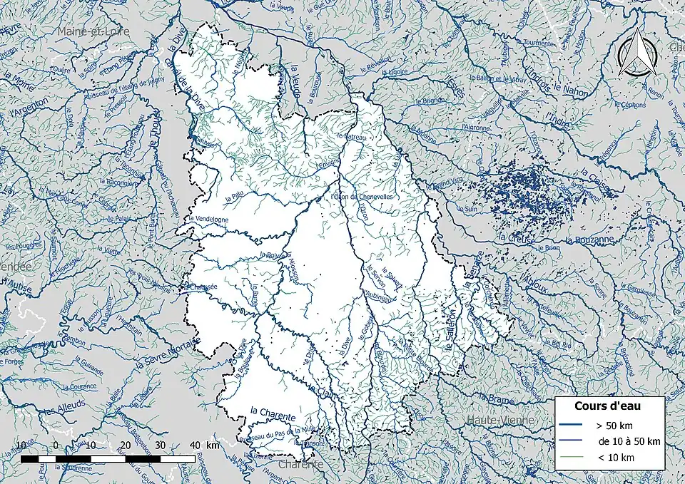 Carte de l'ensemble du réseau hydrographique de la Vienne.