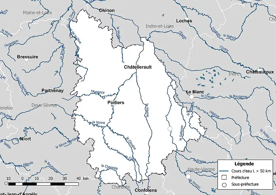 Carte des cours d'eau de longueur supérieure à 50&nbsp;km de la Vienne.
