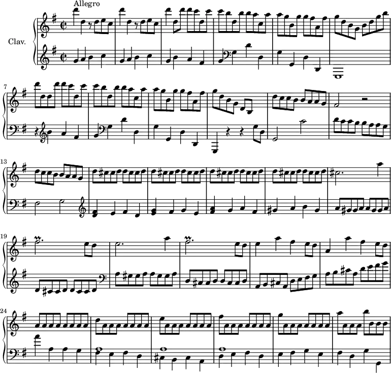 \version "2.18.2"
\header {
tagline = ##f
}
%% les petites notes
trillFis = { \tag #'print { fis2.\prall } \tag #'midi { g16 fis g fis~ fis4~ fis4 } }
upper = \relative c'' {
\clef treble
\key g \major
\time 2/2
\tempo 2 = 112
\set Staff.midiInstrument = #"harpsichord"
s8*0^\markup{Allegro}
\repeat unfold 2 { d'4 d, r8 d8 e c } | d'4 d,8 d' d c d, c' | c b d, b' b a c, a' |
% ms. 5
a8 g b, g' g fis a, fis' | g d b g b d g b | d d, d d' d c d, c' | c b d, b' b a c, a' | a8 g b, g' g fis a, fis' |
% ms. 10
g8 d b g d b s4 | d'8 c c b b a a g | fis2 r2 | d'8 c c b b a a g | \repeat unfold 4 { d' cis cis d d cis cis d } |
% ms. 18
cis2. a'4 | \trillFis e8 d | e2. a4 | \trillFis e8 d | e4 a fis e8 d | a4 a' fis e8 d | a \repeat unfold 7 { a } |
% ms. 25
d \repeat unfold 7 { a } | e' \repeat unfold 7 { a, } | fis' \repeat unfold 7 { a, } | g' \repeat unfold 7 { a, } | a' a, a a b' b, b b |
}
lower = \relative c'' {
\clef bass
\key g \major
\time 2/2
\set Staff.midiInstrument = #"harpsichord"
% **************************************
\clef treble g4 a b c | g a b c | g b a fis | g \clef bass g, d' d, | g g, d' d, | g,1 | r4 \clef treble b'''4 a fis | g \clef bass g,4 d' d, | g g, d' d, |
% ms. 10
g,4 r4 r4 g''8 d | g,2 c' | d8 c c b b a a g | fis2 g | \clef treble < d' fis >4 e fis d |
% ms. 15
< e g >4 fis g e | < fis a >4 g a fis | gis a b gis | a8 gis gis a a gis gis a | d, cis cis d d cis cis d |
% ms. 20
\clef bass a8 gis gis a a gis gis a | d, cis cis d d cis cis d | a8 b cis a d e fis g | a b cis a d e fis g | a4 a, a g |
% ms. 25
<< { a1 a1 a1 } \\ { fis4 e fis d | cis b cis a | d e fis d | e fis g e | fis d g g, } >>
}
thePianoStaff = \new PianoStaff <<
\set PianoStaff.instrumentName = #"Clav."
\new Staff = "upper" \upper
\new Staff = "lower" \lower
>>
\score {
\keepWithTag #'print \thePianoStaff
\layout {
#(layout-set-staff-size 17)
\context {
\Score
\override SpacingSpanner.common-shortest-duration = #(ly:make-moment 1/2)
\remove "Metronome_mark_engraver"
}
}
}
\score {
\keepWithTag #'midi \thePianoStaff
\midi { }
}