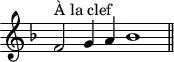 \version "2.14.2"
\header {
tagline = ##f
}
\score {
\new Staff \with {
\remove "Time_signature_engraver"
}
\relative c' {
\key f \major
\time 9/1
\tempo 2 = 80
\clef treble
\set Score.currentBarNumber = #30
\override Rest #'style = #'classical
f2^\markup{À la clef} g4 a bes1
\bar "||"
}
\layout {
\context {
\Score
\remove "Metronome_mark_engraver"
}
}
\midi {}
}