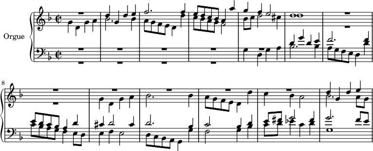 \version "2.18.2"
\header {
tagline = ##f
}
upper = \relative c' {
\clef treble
\key f \major
\time 2/2
\tempo 2 = 80
\set Staff.midiInstrument = #"recorder"
%%% La Spiritata (Canzon)
<< { R1 d'4 g, d' e f2. f4 | e8 d c bes a4 a' | g f e2 | d1 R1*6 | d4 g, d' e } \\ { g,4 d g a bes2. bes4 | a8 g f e d4 d' | c8 bes a g f2 | bes8 c d2 cis4 d1 R1*2 g,4 d g a bes2. bes4 | a8 g f e d4 d' c4 bes a2| bes2. a8 g } >>
}
lower = \relative c {
\clef bass
\key f \major
\time 2/2
\set Staff.midiInstrument = #"recorder"
<< { R1*5 d'4 g d e f2. f4 | e8 d c bes a4 d cis d2 cis4 | d2. bes4 | c2 bes4 d | e8 fis g2 fis4 g2. f8 e } \\ { R1*4 g,4 d g a bes2. bes4 | a8 g f e d4 d' | c8 bes a g f4 e8 d | e4 f e2 | d8 c bes a g4 g' | f2 g4 bes | c8 d ees4 c d | g,1 } >>
}
\score {
\new PianoStaff <<
\set PianoStaff.instrumentName = #"Orgue"
\new Staff = "upper" \upper
\new Staff = "lower" \lower
>>
\layout {
#(layout-set-staff-size 17)
\context {
\Score
\remove "Metronome_mark_engraver"
\override SpacingSpanner.common-shortest-duration = #(ly:make-moment 1/2)
}
}
\midi { }
}