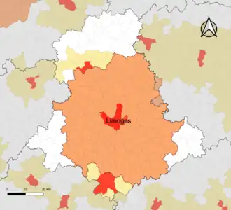 Localisation de l'aire d'attraction de Limoges dans le département de la Haute-Vienne.