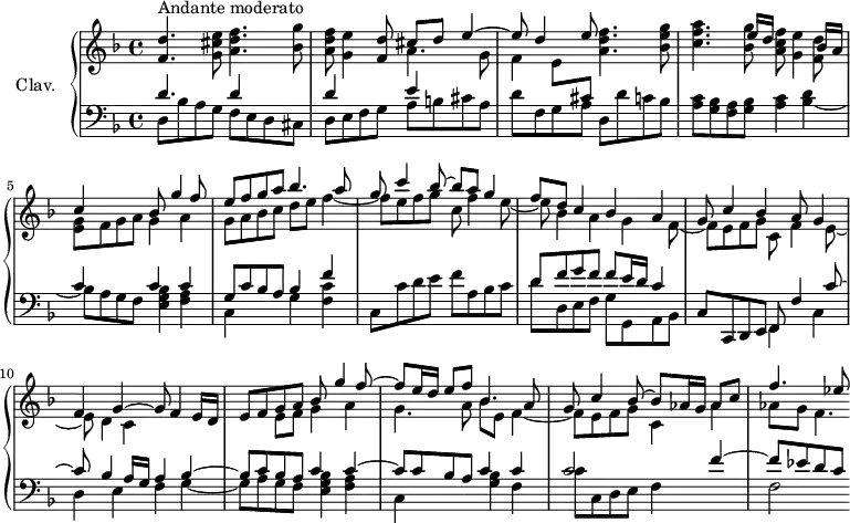 
\version "2.18.2"
\header {
  tagline = ##f
  % composer = "Domenico Scarlatti"
  % opus = "K. 52"
  % meter = "Andante moderato"
}

%% les petites notes
trillBesp     = { \tag #'print { bes4.\prall } \tag #'midi { c32 bes c bes~ bes4 } }

upper = \relative c'' {
  \clef treble 
  \key d \minor
  \time 4/4
  \tempo 4 = 62
  \set Staff.midiInstrument = #"harpsichord"
  \override TupletBracket.bracket-visibility = ##f

      s8*0^\markup{Andante moderato}
      < f, d' >4. < g cis e >8 < a d f >4. < bes g' >8 | < a d f >8 < g e' >4 < f d' >8 << { cis'8 d e4~ | e8 d4 e8 } \\ { a,4. g8 | f4 e8 \stemUp \change Staff = "lower" cis } >> < a' d f >4. < bes e g >8 |
      % ms. 4
      << { s4. e16 d s8 s4 bes16 a | c4 s4 bes8  g'4 f8 |
          % ms. 6 dessus
      e8 f g a bes4. a8 | g8 c4 bes8~ bes8 a g4 | f8 d c4 bes a | g8 c4 bes a8 g4 |
          % ms. 10 dessus
      f4 g~ g8 } 
       % ms. 4 dessous
      \\ { < c f a >4. < bes g' >8 < a c f >8 < g e' >4 < f d' >8 | < e g >8 f g a g4 a | g8 a bes c  d e f4~ |
          % ms. 7 dessous
      f8 e f g c, f4 e8~ | e bes4 a g f8~ | f e f g c, f4 e8~ |
          % ms. 10 dessous 
      e8 d4 c } >>
      % ms. 10 suite
      f4 e16 d |
      << { e8 f g a bes g'4 f8~ | f8 e16 d e8 f \mergeDifferentlyDottedOn bes,4. a8 |
          % ms. 13 dessus
      g8 c4 bes8~ bes aes16 g aes8 c | f4. ees8 } 
          % ms. 10 suite voix dessous
      \\ { s4 e,8 f g4 a | g4. a8 bes8 e, f4~ | f8 e f g c,4 aes'4 | aes8 g f4.*1/2 } >>

}

lower = \relative c' {
  \clef bass
  \key d \minor
  \time 4/4
  \set Staff.midiInstrument = #"harpsichord"
  \override TupletBracket.bracket-visibility = ##f

    % ************************************** \appoggiatura \repeat unfold 2 {  } \times 2/3 { }
      << { d4. s8 | \repeat unfold 2 { d4 s4 } e4 } \\ { d,8 bes' a g  f e d cis | d e f g  a b cis a } >> | d8 f, g a d, d' c bes |
      % ms. 4
      < a c >8 < g bes > < f a > < g bes > < a c >4 
      << { s4 | c4 s4 c4 c | g8 c bes a bes4 f' } 
      \\ { < bes, d >4~ | bes8 a g f < e g bes >4 < f a > | c4 s4 g' < f c' > } >>
      % ms. 7
      c8 c' d e  f a, bes c | 
      << { d8 f g f | f e16 d c4 } 
      \\ { d8 d, e f g g, a bes } >> | c8 c, d e 

      << { f8 f'4 c'8~ | c8 bes4 a16 g a4 bes~ | bes8 c bes a c4 c~ | c8 c bes a c4 c |
          % ms. 13 dessus
      c2 s4 f4~  f8 ees d c }
      
      \\ { f,,4 c' | d e f g~ | g8 a g f < e g bes >4 < f a > | c s4 < g' bes >4 f | c'8 c, d e f4 s4 | f2 } >>

}

thePianoStaff = \new PianoStaff <<
    \set PianoStaff.instrumentName = #"Clav."
    \new Staff = "upper" \upper
    \new Staff = "lower" \lower
  >>

\score {
  \keepWithTag #'print \thePianoStaff
  \layout {
      #(layout-set-staff-size 17)
    \context {
      \Score
     \override SpacingSpanner.common-shortest-duration = #(ly:make-moment 1/2)
      \remove "Metronome_mark_engraver"
    }
  }
}

\score {
  \keepWithTag #'midi \thePianoStaff
  \midi { }
}
