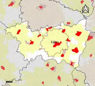 Localisation de l'aire d'attraction d'Épinal dans le département des Vosges.