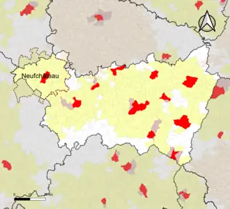 Localisation de l'aire d'attraction de Neufchâteau dans le département des Vosges.
