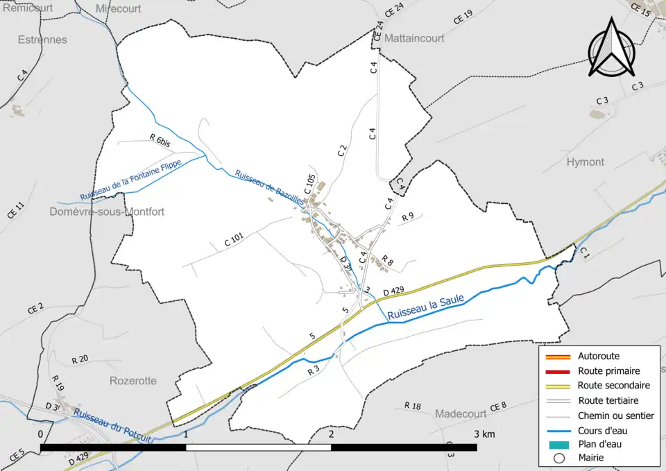 Carte en couleur présentant le réseau hydrographique de la commune