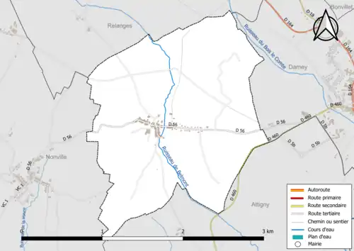 Carte en couleur présentant le réseau hydrographique de la commune