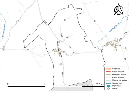 Carte en couleur présentant le réseau hydrographique de la commune