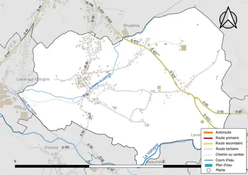 Carte en couleur présentant le réseau hydrographique de la commune