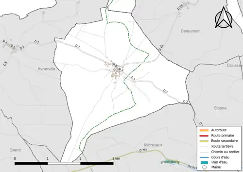 Carte en couleur présentant le réseau hydrographique de la commune