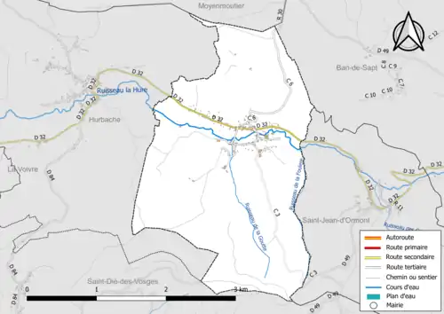 Carte en couleur présentant le réseau hydrographique de la commune