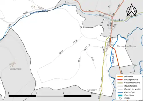 Carte en couleur présentant le réseau hydrographique de la commune