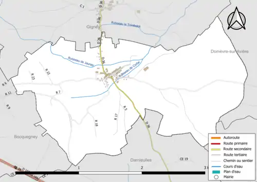 Carte en couleur présentant le réseau hydrographique de la commune