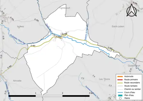 Carte en couleur présentant le réseau hydrographique de la commune