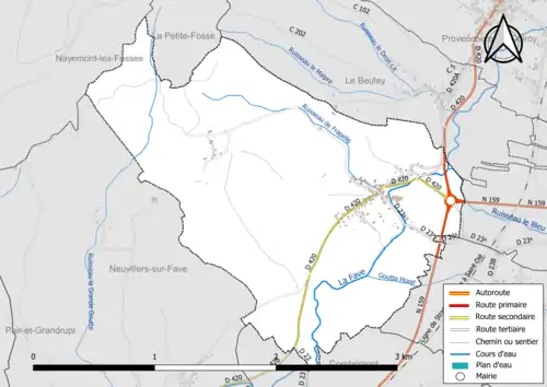 Carte en couleur présentant le réseau hydrographique de la commune