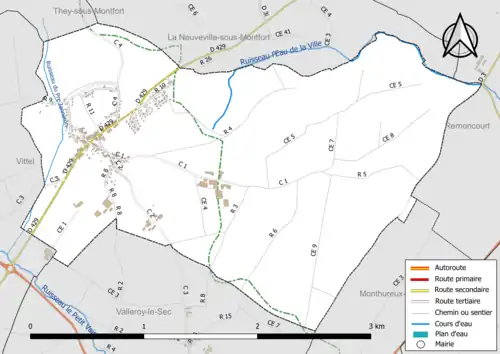 Carte en couleur présentant le réseau hydrographique de la commune