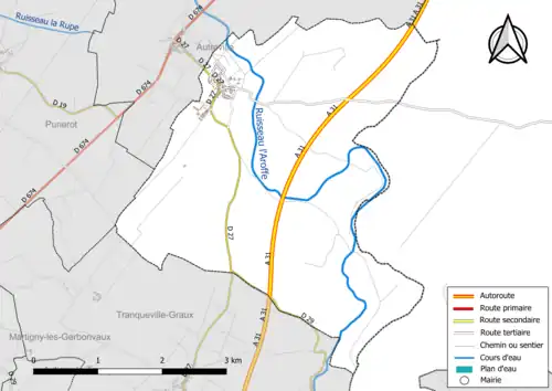 Carte en couleur présentant le réseau hydrographique de la commune