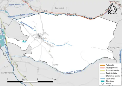 Carte en couleur présentant le réseau hydrographique de la commune