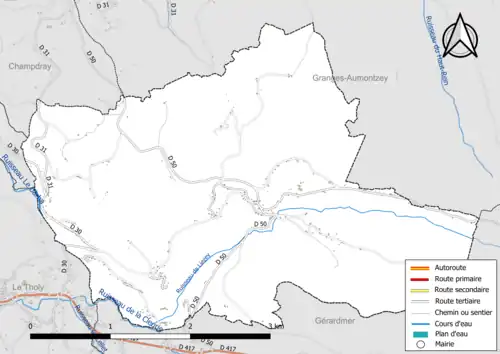 Carte en couleur présentant le réseau hydrographique de la commune