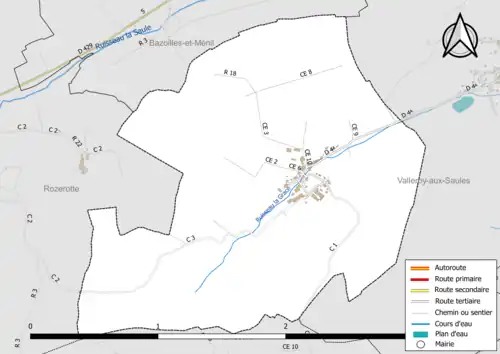 Carte en couleur présentant le réseau hydrographique de la commune