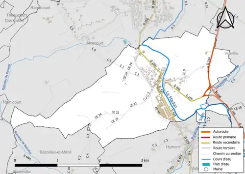 Carte en couleur présentant le réseau hydrographique de la commune