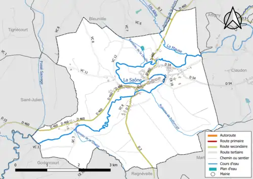 Carte en couleur présentant le réseau hydrographique de la commune