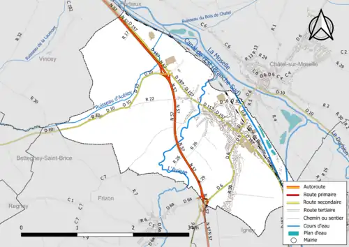 Carte en couleur présentant le réseau hydrographique de la commune