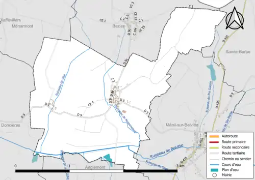 Carte en couleur présentant le réseau hydrographique de la commune