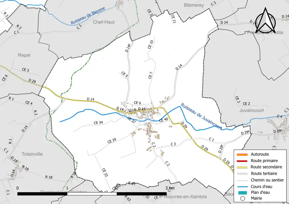 Carte en couleur présentant le réseau hydrographique de la commune