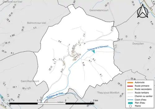 Carte en couleur présentant le réseau hydrographique de la commune