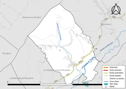 Carte en couleur présentant le réseau hydrographique de la commune