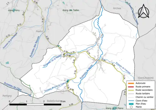 Carte en couleur présentant le réseau hydrographique de la commune