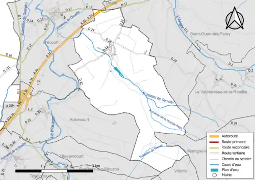 Carte en couleur présentant le réseau hydrographique de la commune