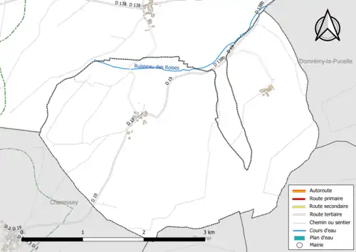 Carte en couleur présentant le réseau hydrographique de la commune