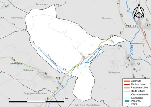 Carte en couleur présentant le réseau hydrographique de la commune