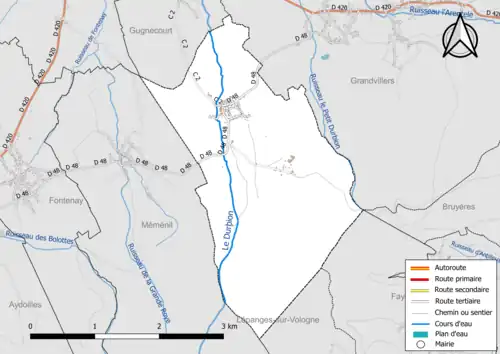 Carte en couleur présentant le réseau hydrographique de la commune