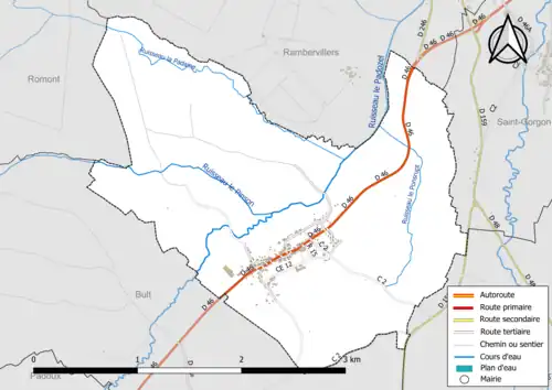 Carte en couleur présentant le réseau hydrographique de la commune
