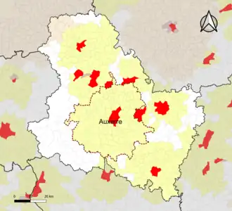 Localisation de l'aire d'attraction d'Auxerre dans le département de l'Yonne.